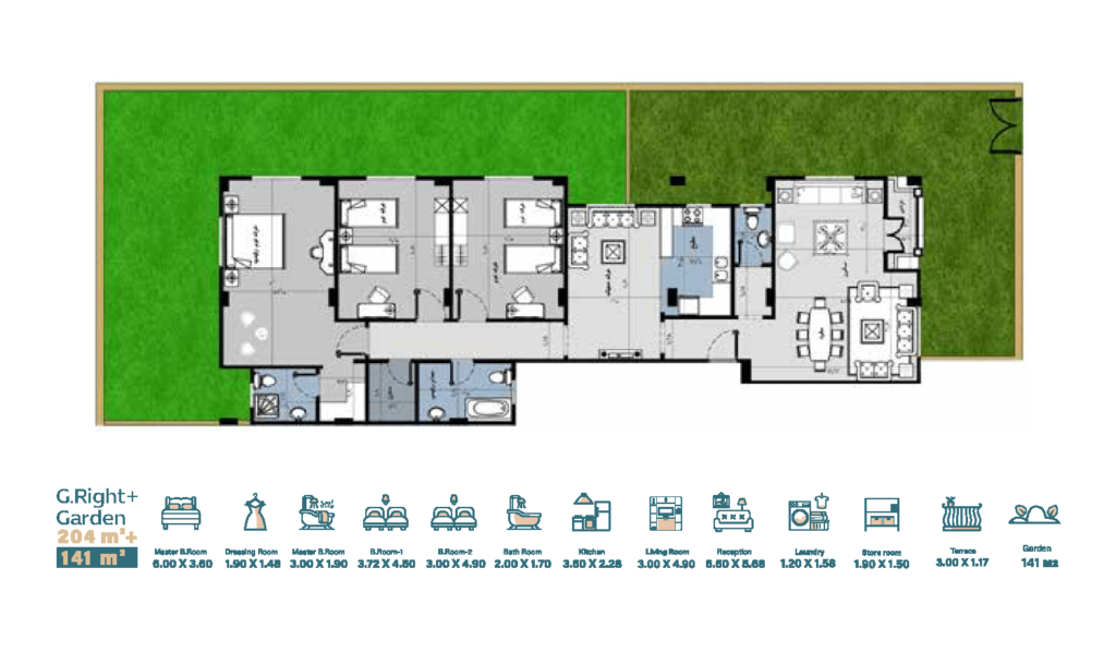 شقة 204متر بحديقة 141متر يمين الواجهة